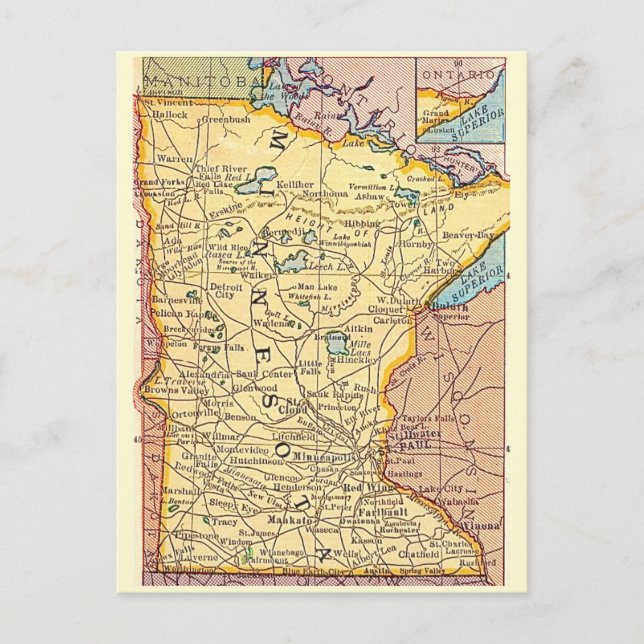 Tarjeta postal de mapa antiguo de Minnesota (Anverso)