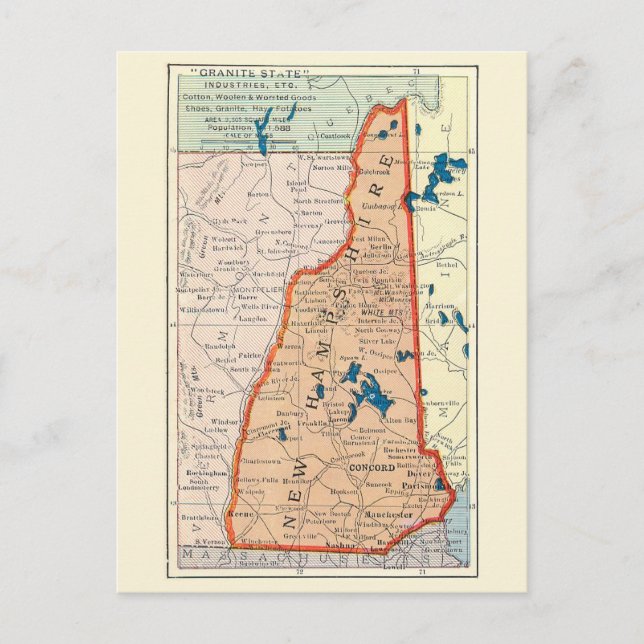 Tarjeta postal de mapa antiguo de New Hampshire (Anverso)