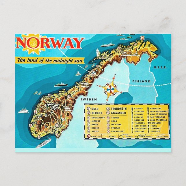 Tarjeta postal de mapa antiguo de Noruega (Anverso)