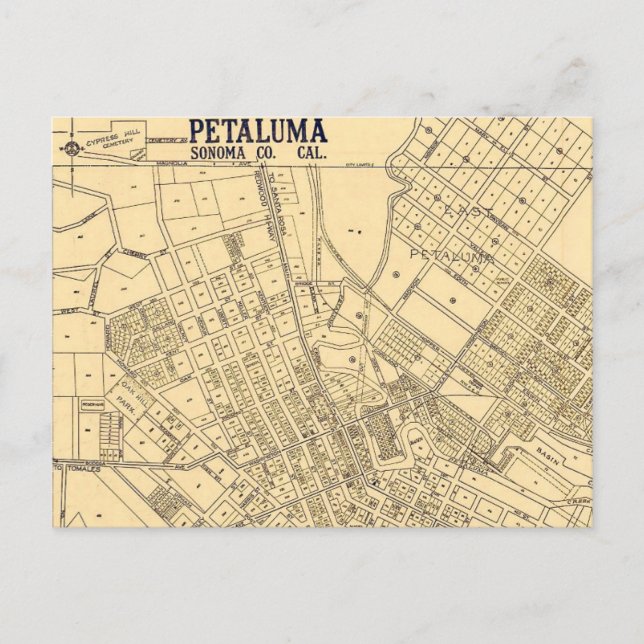 Tarjeta postal de mapa antiguo de Petaluma CA (Anverso)