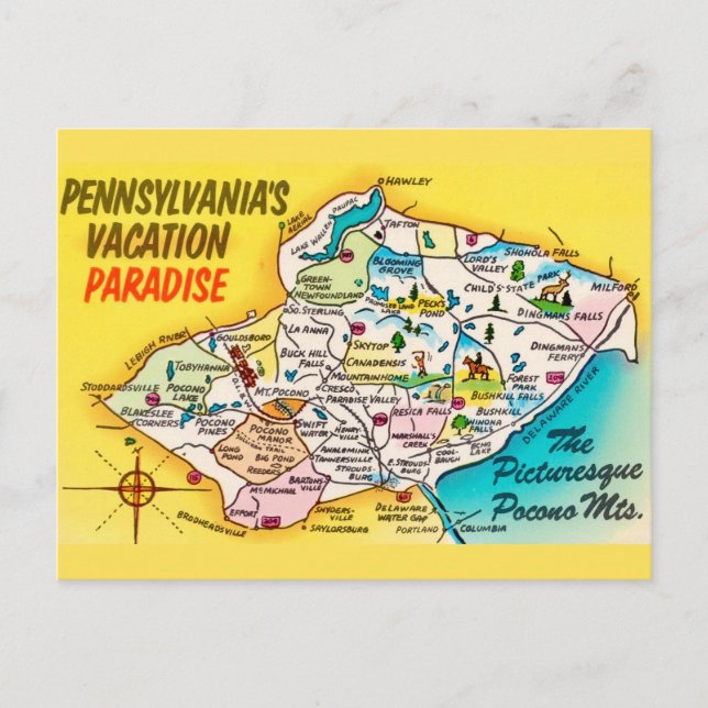 Tarjeta postal de mapa antiguo de Pocono Mtns (Anverso)