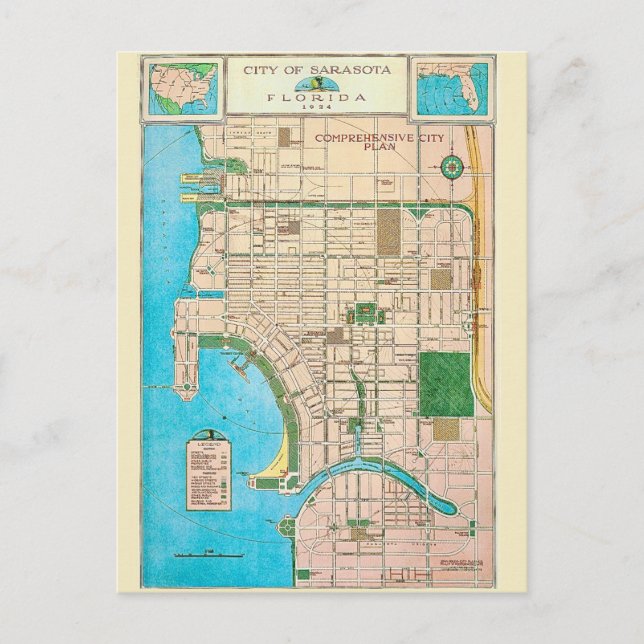 Tarjeta postal de mapa antiguo de Sarasota FL (Anverso)