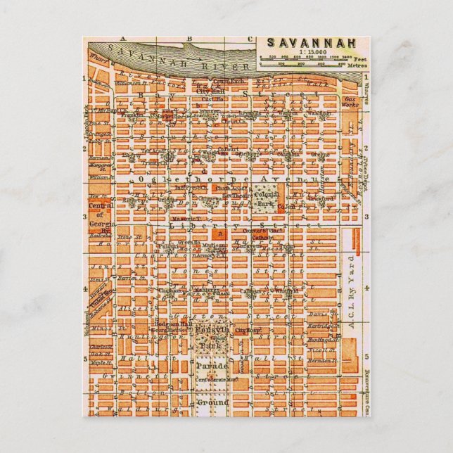 Tarjeta postal de mapa antiguo de Savannah Georgia (Anverso)