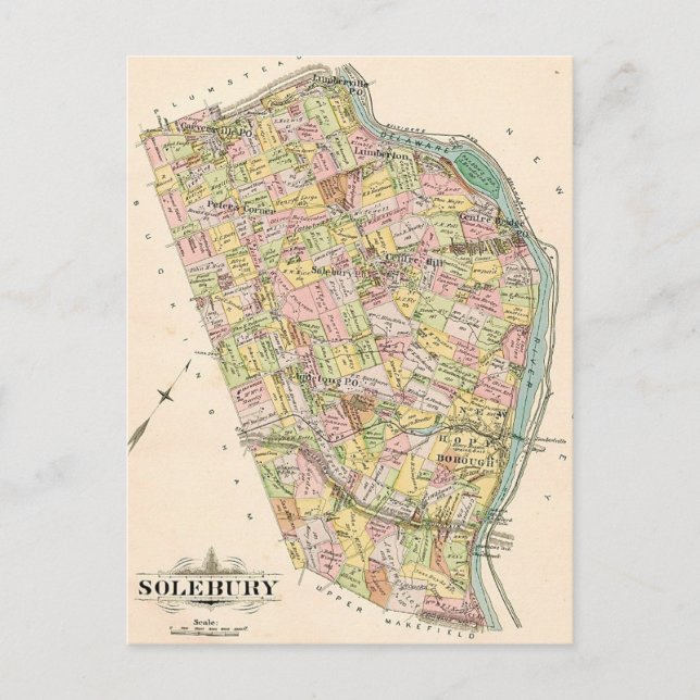 Tarjeta postal de mapa antiguo de Solebury PA (Anverso)