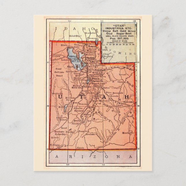Tarjeta postal de mapa antiguo de Utah  (Anverso)