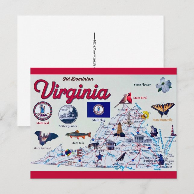 Tarjeta postal de mapa antiguo de Virginia (Anverso / Reverso)