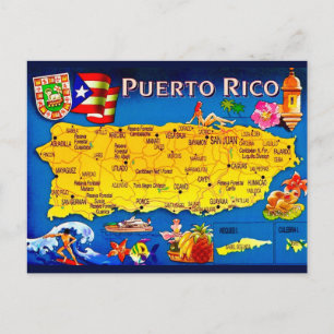 Tarjeta postal de mapa colorido de Puerto Rico