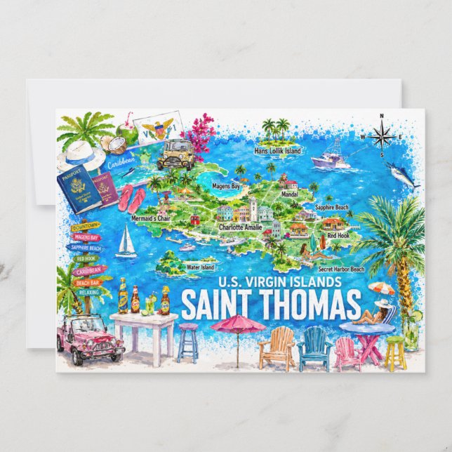 Tarjeta postal de mapa de acuarela de las Islas Ví (Anverso)