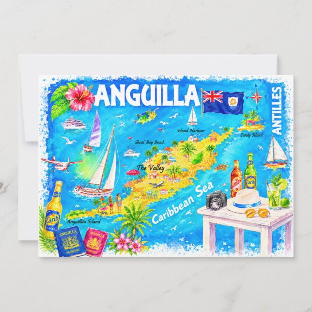Tarjeta postal de mapa de acuarela del Caribe de A (Anverso)