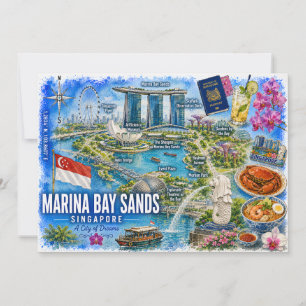 Tarjeta postal de mapa de acuarela Marina Bay Sand