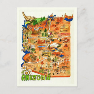 Tarjeta postal de mapa de Arizona ilustrada con co