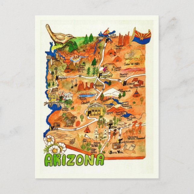 Tarjeta postal de mapa de Arizona ilustrada con co (Anverso)