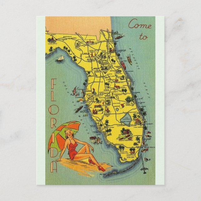 Tarjeta postal de mapa de Florida vintage (Anverso)