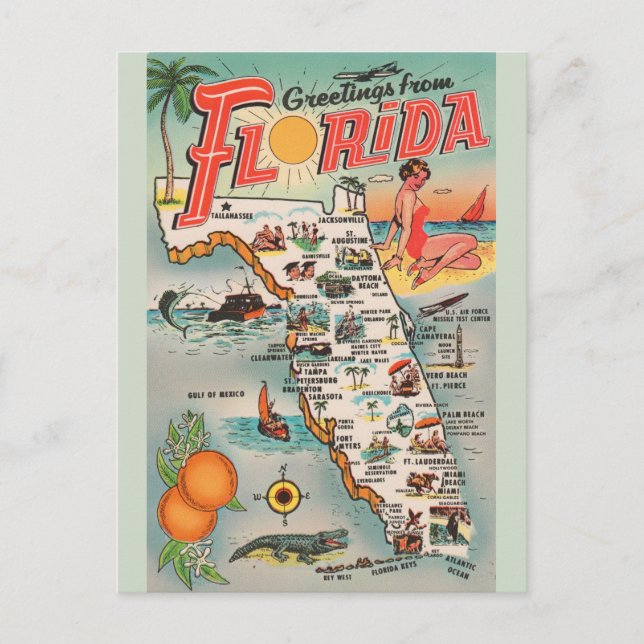 Tarjeta postal de mapa de Florida vintage (Anverso)