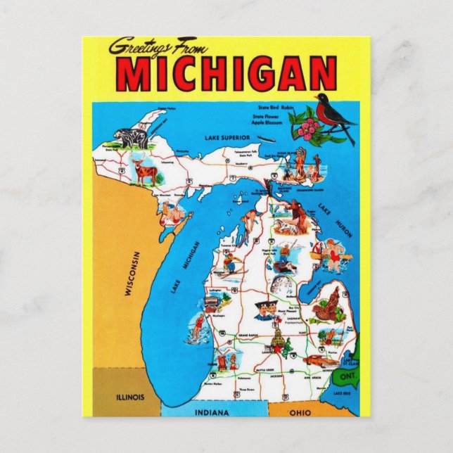 Tarjeta postal de mapa de Michigan ilustrado (Anverso)