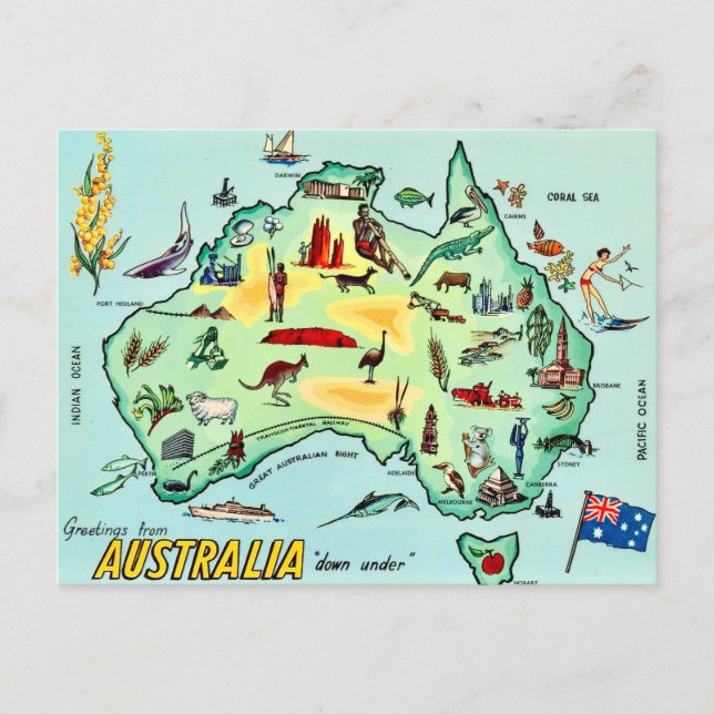 Tarjeta postal de mapa ilustrado de Australia (Anverso)