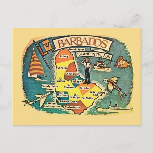 Tarjeta postal de mapa ilustrado de Barbados vinta (Anverso)
