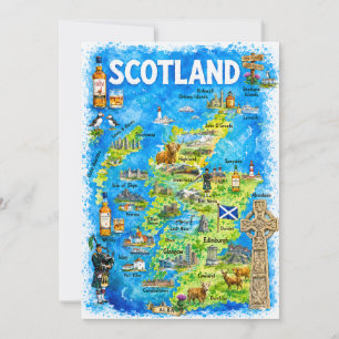 Tarjeta postal de mapa ilustrado de Escocia en acu