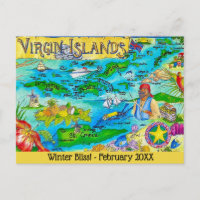 Tarjeta postal de mapa ilustrado de las Islas Vírg