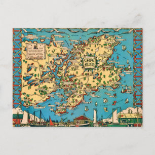 Tarjeta postal de mapa ilustrado del Cabo Ann