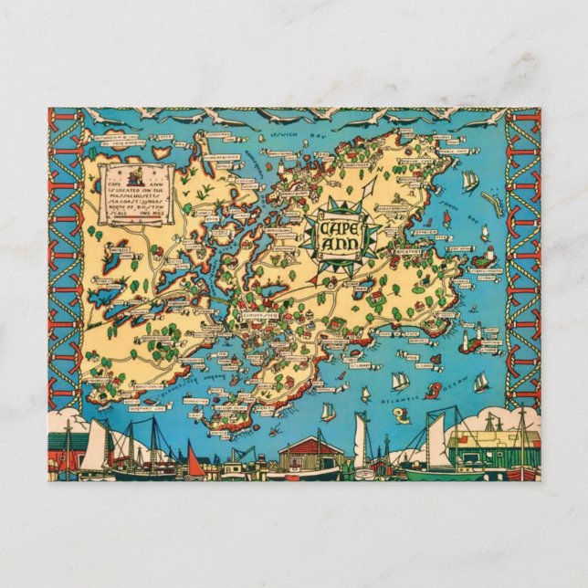 Tarjeta postal de mapa ilustrado del Cabo Ann (Anverso)