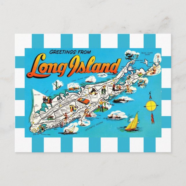 Tarjeta postal de mapa rayado de Long Island, NY (Anverso)