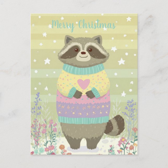 Tarjeta postal de mapache de Navidad adorable (Anverso)