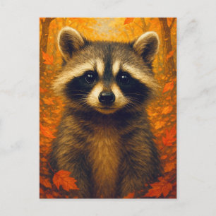 Tarjeta postal de mapache de otoño Animal lindo Bo