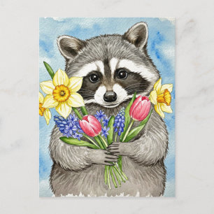 Tarjeta postal de mapache lindo con flores de prim