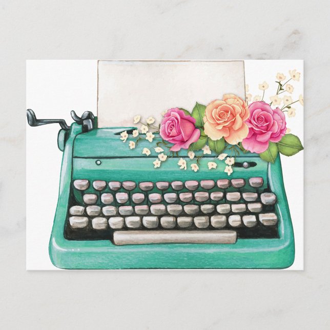 Tarjeta postal de máquina de escribir antigua (A vibrant, artistic vintage turquoise typewriter adorned with delicate pink and peach flowers.)