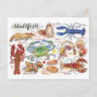 Tarjeta postal de mariscos coloridos