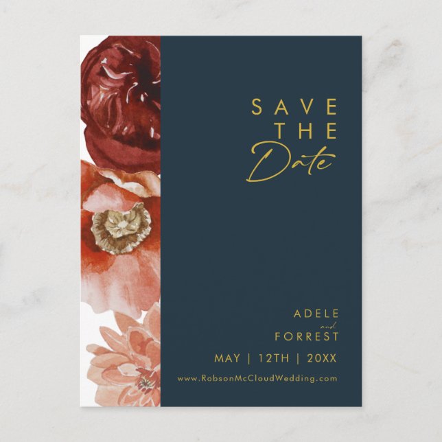 Tarjeta postal de Marsala Otoño Floral Navy para g (Anverso)