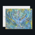 Tarjeta postal de Menorah azul<br><div class="desc">La obra de arte original para esta menorah es una pintura de medios mixtos creada con pintura acrílica,  pasta de modelado y papel por la artista judía contemporánea Meredith Gould.</div>