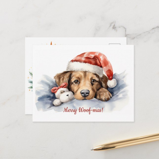 Tarjeta postal de Merry Woof-mas Dog Santa Hat Nav (Anverso/Reverso In Situ)