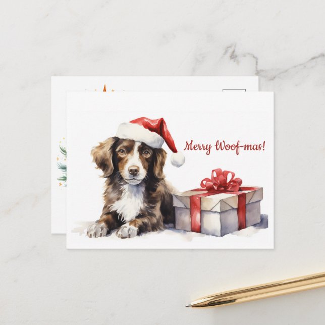 Tarjeta postal de Merry Woof-mas Dog Santa Hat Nav (Anverso/Reverso In Situ)