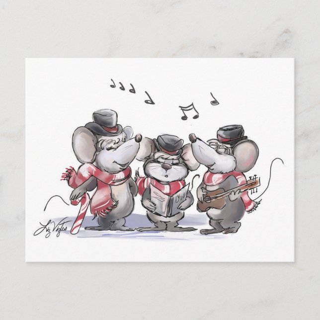 Tarjeta postal de Mic, Mac y Moe cantando villanci (Anverso)