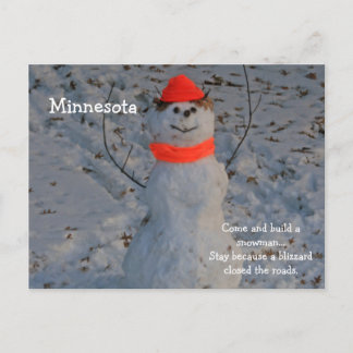 Tarjeta postal de Minnesota "Build a Snowman"