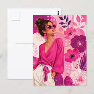 Tarjeta postal de moda floral rosa de niña