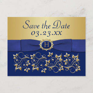 Tarjeta postal de monograma azul y floral dorado p