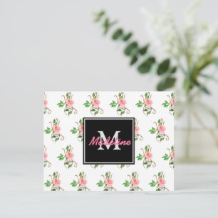 Tarjeta postal de monograma de rosas rosadas sonro