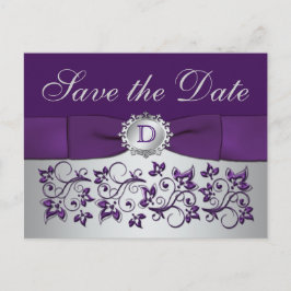 Tarjeta Postal de Monograma Floral Morado Gris par