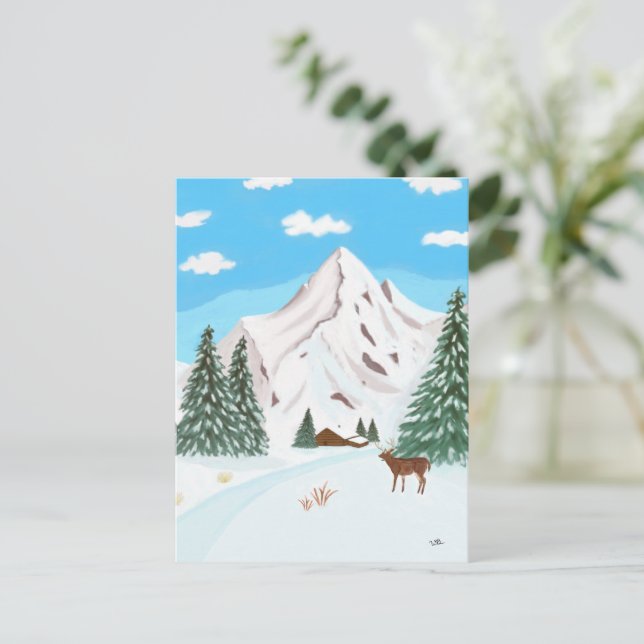 Tarjeta postal de montañas nevadas (Anverso de pie)