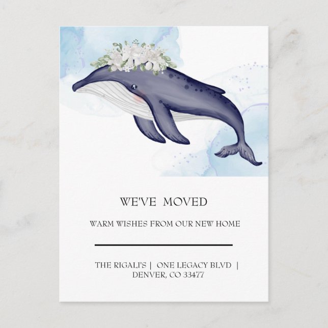 Tarjeta postal de mudanza de delfines con acuarela (Anverso)