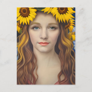 Tarjeta postal de mujer con corona de girasoles