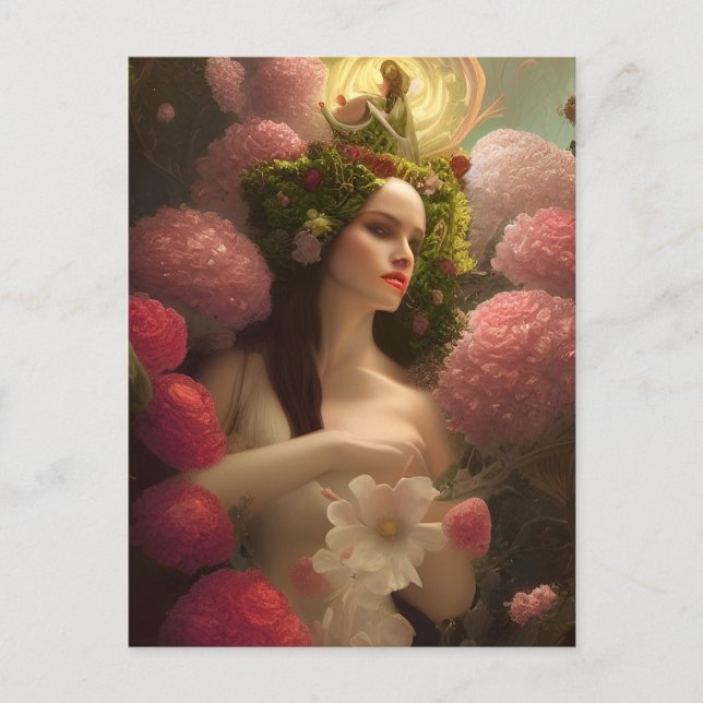 Tarjeta postal de mujer con flores rosadas (Anverso)