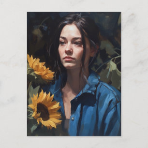 Tarjeta postal de mujer con girasoles