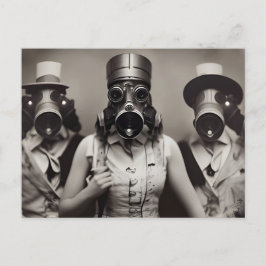 Tarjeta postal de mujer con máscara de gas