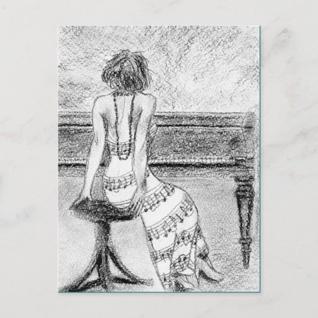 Tarjeta postal de mujer en un piano (Anverso)
