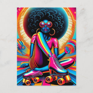 Tarjeta postal de mujer negra con afro patinando e