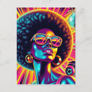 Tarjeta postal de mujer negra hermosa afro disco